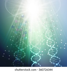 DNA molecule structure on a green background. Science vector background.