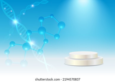 DNA molecule structure with podium connect to 3D molecular chromosome gene. Product display background for biotechnology medical science, genetic chemistry and beauty cosmetology.