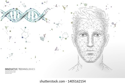 DNA molecule treatment polygonal science research 3D. Low poly male face polygonal medical man health care. Medicine gene helix structure gene vector illustration