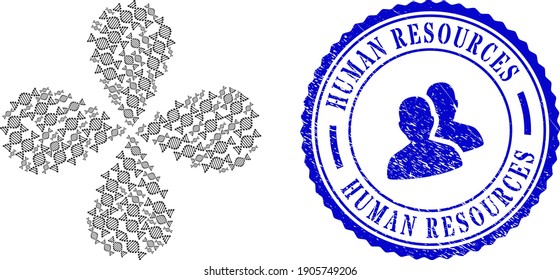 DNA molecule twirl flower cluster, and blue round HUMAN RESOURCES corroded stamp print with icon inside. Element cluster created from oriented DNA molecule symbols.