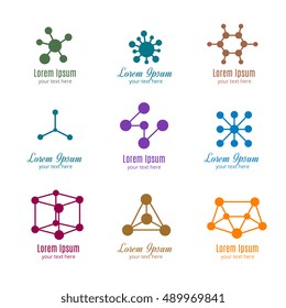 Dna and molecule vector logos for tech, medicine, science, chemistry, biotechnology. Template of logotype for pharmaceutical company illustration