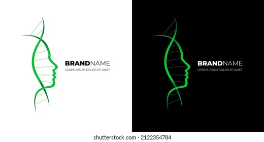 DNA molecule with woman face profile for medical beauty care cosmetic logo design. Medicine gene helix structure for regenerate cream and anti-aging vitamin complex logotype vector eps concept svg