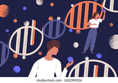 DNA molecules, man and women holding genes. Concept of scientific research in ancestry genetics, genomics, genome mutations, heredity or biological inheritance. Flat cartoon vector illustration.