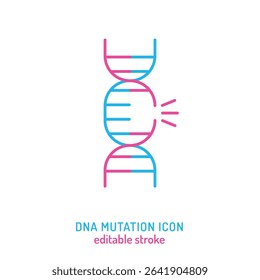 DNA mutation icon. Editable vector illustration of damaged DNA strand. Used in genetics, cancer research, molecular biology design. Rare diseases, diagnostics, genome-based medical education concept