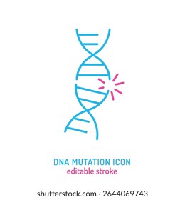 Ícone de mutação do DNA. Ilustração vetorial editável de cadeia de DNA danificada. Usado em genética, pesquisa de câncer, design de biologia molecular. Doenças raras, diagnóstico, conceito de educação médica com base no genoma