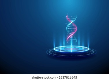 DNA on futuristic podium. Genetic research, biotechnology, molecular biology, genomics concept. Glowing DNA strand, sci-fi platform. Futuristic 3D graphic with neon lighting and light beams. Vector.