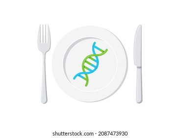 Dna on plate with knife and fork isolated on white background. DNA food cooking or diet concept. Top view silver cutlery and gm science product ceramic serving plate. Vector flat cartoon illustration.