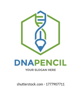 DNA Pencil vector logo template. This design use chromosome symbol. Suitable for experiment or medical.