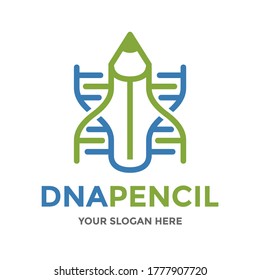 DNA Pencil vector logo template. This design use chromosome symbol. Suitable for experiment or medical.