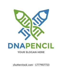 DNA Pencil vector logo template. This design use chromosome symbol. Suitable for experiment or medical.