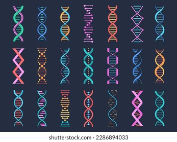 Dna pictogram symbols, gene shapes. Biological elements, genetic helix code research. Medical sequence genes, vibrant simple decent vector signs