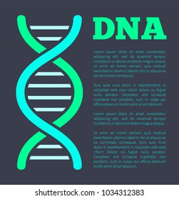 DNA poster with headline, structure of genetic codes detailed, dna with lettering of green color, vector illustration isolated on black background