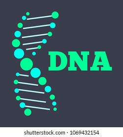 DNA poster with headline, structure of genetic codes detailed, dna with lettering of green color, vector illustration isolated on black background