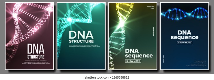 Dna Poster Set Vector. Biochemistry Flyer. Evolution Symbol. Healthy Chromosome. Digital Cell. Medical Banner. Microscopic Element. Illustration
