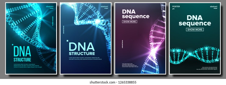 Dna Poster Set Vector. Genetic Molecule. Abstract Helix. Clone Atom. Mutation Test. Futuristic Code. Science Background. Biochemistry Flyer. Illustration
