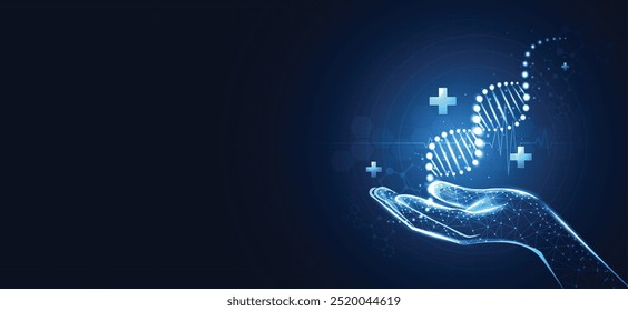 DNA for presenting DNA molecule research. biology, science, innovation, genetic research, science with molecules and atoms. hand with plus and medical icon. vector design.