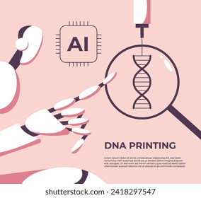 DNA Printing with AI Robot. Manipulation of Genes. Genetic Engineering. Experiment with DNA. Flat vector illustration. 