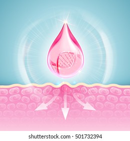 DNA protect collagen solution. Vector design skincare treatment. Pink essence drop