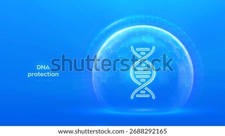 DNA protection. Genetic protection, genetic data protection concept. Secure genome, biotechnology safety, genetic privacy. DNA icon inside protective sphere shield with hexagonal pattern. Vector.