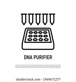 DNA purifier, compact robotic workstation. Charging a centrifuge with test tubes. DNA extraction procedure. Thin line icon. Healthcare equpment. Vector illustration.
