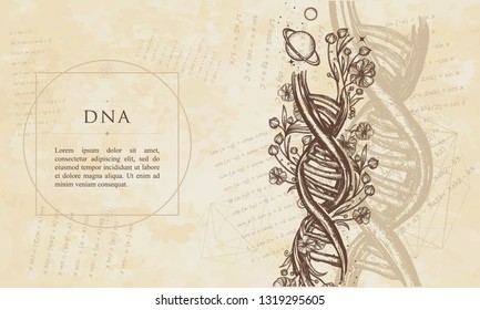 DNA. Renaissance background. Medieval manuscript, engraving art  