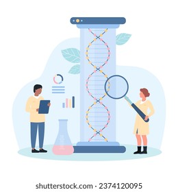 DNA research in biotech laboratory vector illustration. Cartoon tiny scientists or student in white coat study DNA molecular structure in lab test tube, genome analysis by people with magnifying glass
