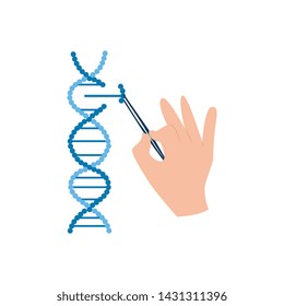 DNA research in biotechnology, scientist hand removing or adding a piece of molecule strand into spiral with tweezers, CRISPR and medical gene editing isolated vector illustration