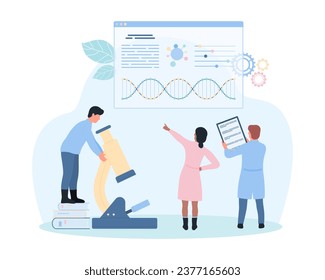 Investigación del ADN por científicos en ilustraciones vectoriales de laboratorio. Las personas diminutas de las caricaturas estudian gráficos infográficos digitales e informes de microscopio, análisis de genes y ADN en medicina y genética, biotecnología