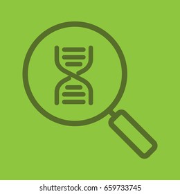 DNA research color linear icon. Magnifying glass with DNA chain model. Thick line outline symbols on color background. Vector illustration