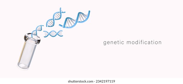 DNA-Forschungskonzept. Konzept der genetischen Veränderung. Poster mit 3D-blauer DNA-Struktur und Kolben. Medizinische oder klinische Forschung und Tests. Vektorgrafik mit Platz für Text