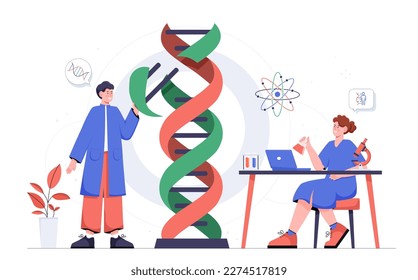 DNA research concept. Man and woman in medical uniforms analyze structure of cell or molecule. Medical and chemical science experiments. Scientists in laboratory. Cartoon flat vector illustration