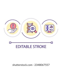 Icono de concepto de bucle de investigación de ADN. Secuenciación genética. Análisis molecular. Ilustración de la idea delgada de la prevención de propagación de virus. Dibujo de contorno aislado. Trazo editable. Tipo de letra arial utilizado