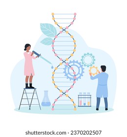 DNA research in medical laboratory, inheritance and genetic scientific projects vector illustration. Cartoon tiny scientists holding pipette with sample to study gene, helix of DNA molecule and gears