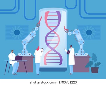 Dna Forschungsroboter-Konzept, modernes biologisches Experiment, Vektorillustration-Illustration. Mann und Frau, Wissenschaftler untersuchen Organismus Teil mit Roboter. Gerät machen Manipulation mit Beispiel, Menschen schreiben Ergebnis.