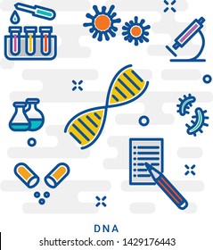 DNA research and dna test vector illustration with colorful elements. Genetic analysis line art concept. Biotechnology elements (microscope, gene, genome, dna chain, test-tube, cell, etc) graphic