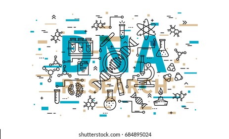 DNA research vector illustration with colorful elements. Genetic analysis line art concept. Biotechnology elements (microscope, gene, genome, dna chain, test-tube, cell, etc) graphic design.
