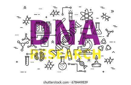 DNA research vector illustration. Genetic analysis line art concept. Biotechnology elements (microscope, gene, genome, dna chain, test-tube, cell, etc) graphic design.
