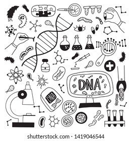 DNA research vector illustration with hand drawn elements. Doodle genome symbols.