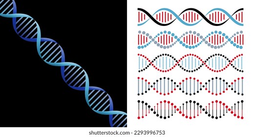 Conjunto de diseño de vectores de cinta de ADN, símbolo médico para la investigación de laboratorio de genes de vida.