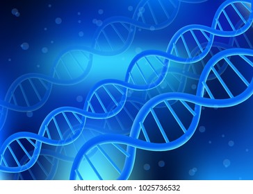 DNA, RNA realistic 3D helix model of DNA, the scientific picture of biological discoveries on a blue background, of the invention cloning, cell regeneration, innovative cosmetics, vector illustration.