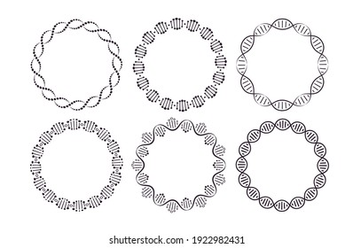 DNA Round Frames. Circle Framing With Genome Helix Structure Isolated On White Background Vector Set. Six Pattern Brushes In Panel. Molecular Round Border For Science, Biology Or Medicine