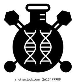 DNA sample flask solid icon, genetic research concept. Vector graphics. Medical glass with DNA chain sign on white background, glyph style mobile or design