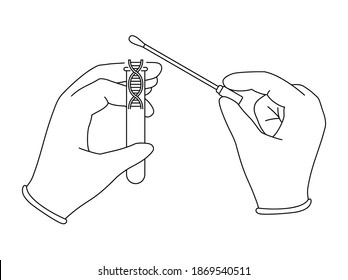 DNA samples collection for PCR testing or gene research - hands, swab stick and test tube in thin line
