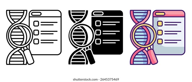 DNA scan icon represented by dna, dashboard cheklist,magnifyng glass Line, Filled, Color style.
