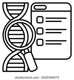 DNA scan icon represented by dna, dashboard cheklist,magnifyng glass Line style.
