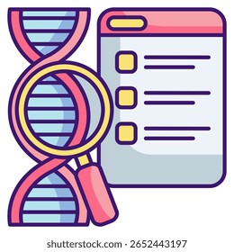 DNA scan icon represented by dna, dashboard cheklist,magnifyng glass Lineal Color style.