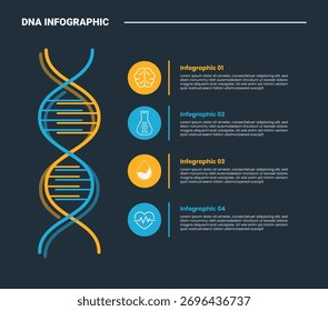 DNA-Wissenschaft Helix infographische Prozessdiagramm mit doppelter vertikaler Linie mit Kreis Punkt gestapelt mit dunklem Hintergrund hellen Umriss Stil 4 Punkte Vektor