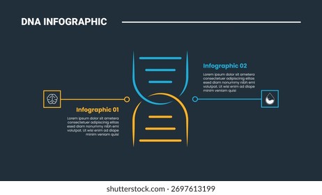 Diagrama de proceso de infografía de hélice de ciencia de ADN con forma grande con comparación en dirección opuesta con fondo oscuro estilo de contorno brillante Vector de 2 puntos