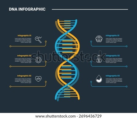 DNA science helix infographic process diagram with vertical standing with content opposite direction with dark background bright outline style 6 points vector
