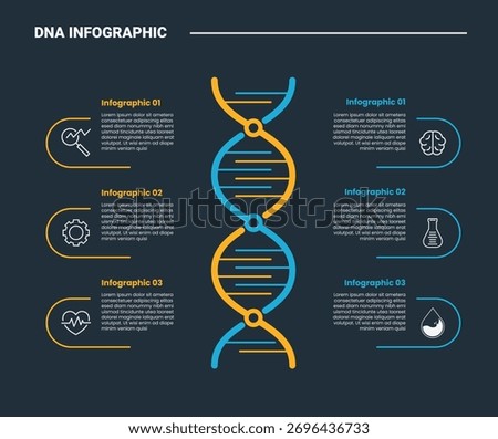 DNA science helix infographic process diagram with vertical stand with round open container opposite direction with dark background bright outline style 6 points vector